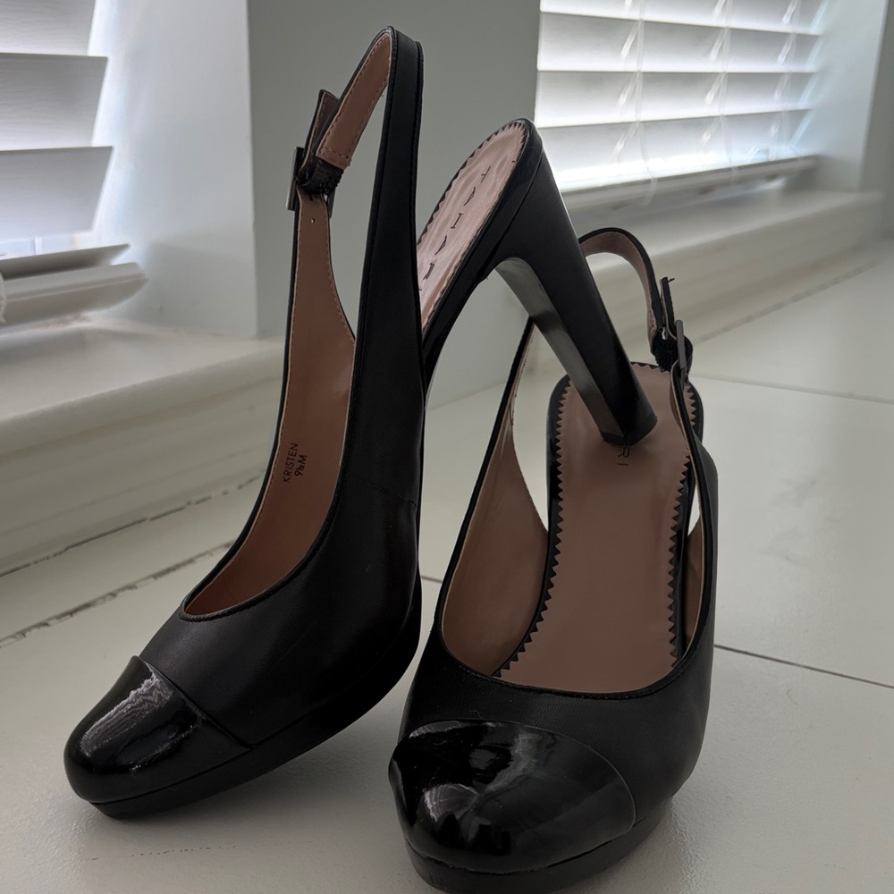 Tahari Black Patent Cap-Toe Slingback Heels